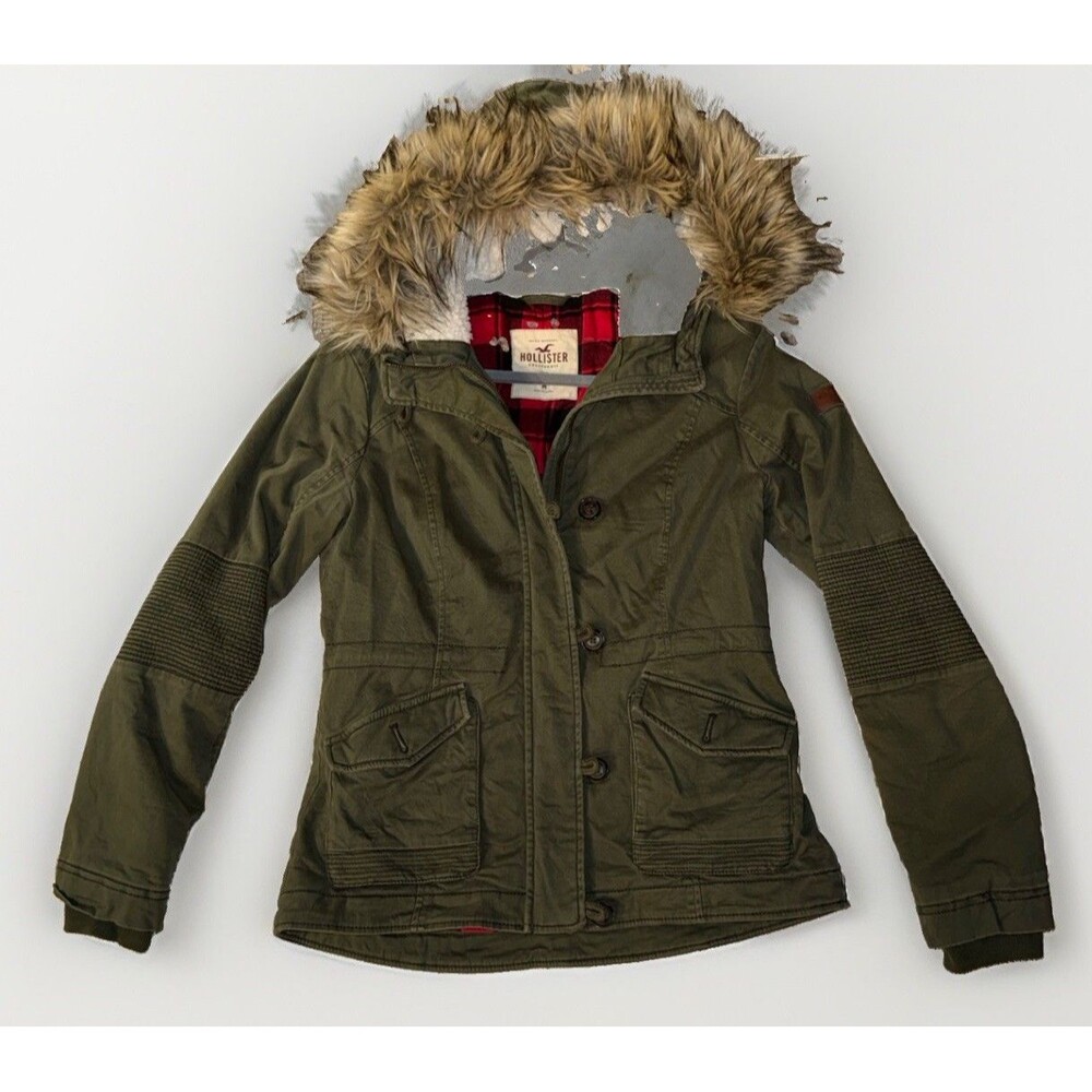 Vintage Y2K Hollister Women’s Olive Green Jacket Fur Hood Red Plaid Interior M